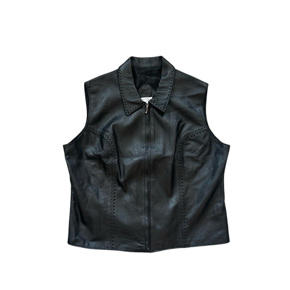 Jose luis leather vest zip up braid trim bodice vintage 10‎